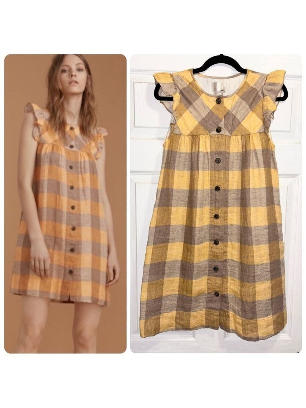 Aritzia Le Fou by Wilfred SEARLAS Linen Dress Babydoll Yellow and Tan Gingham XS